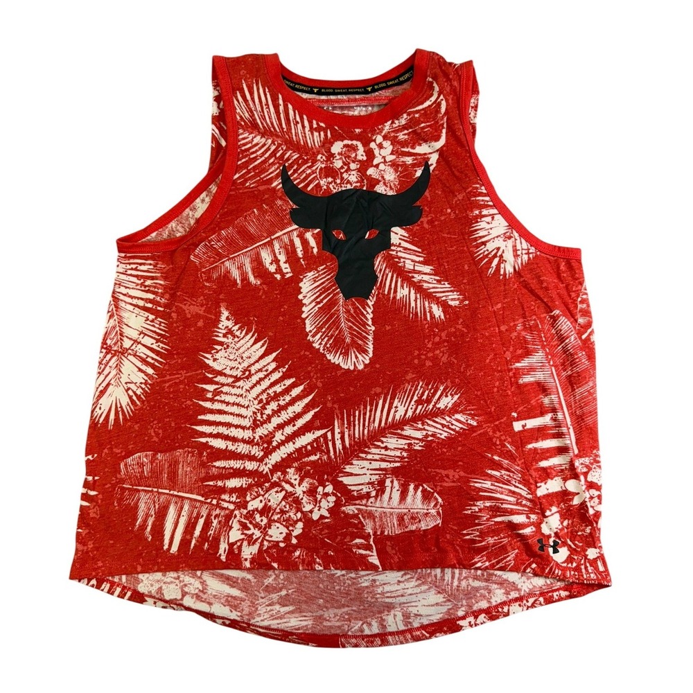 Under Armour Project Rock Tank Top Womens Medium Red Tropical Brahma Bull Gym